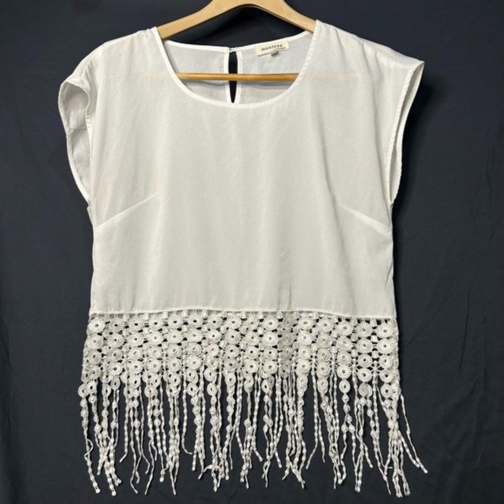 Monteau White‎ Fringe Top Crochet Trim Sleeveless Blouse Casual Size M